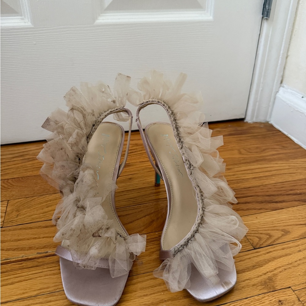Betsey Johnson Beige Tulle Ruffle Slingback Heels